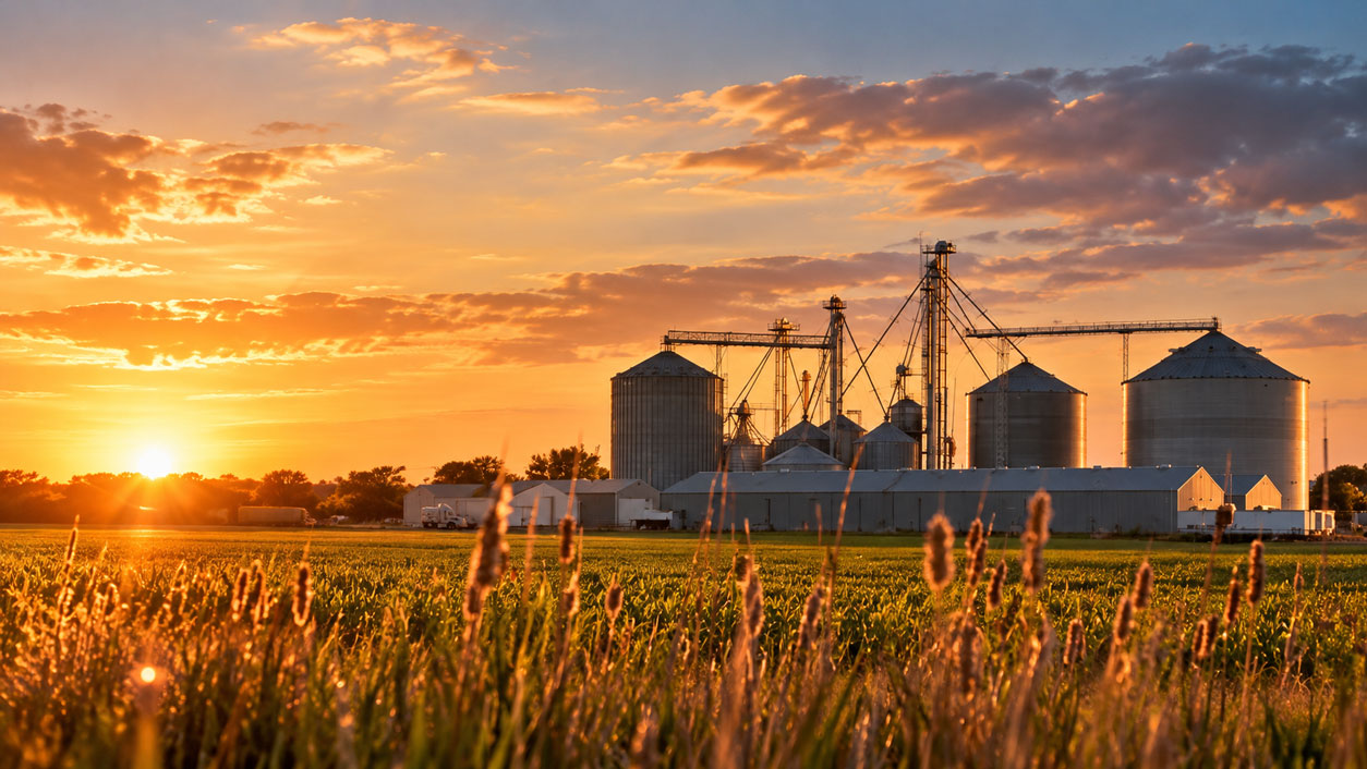 Grain bins and feed mill at sunset